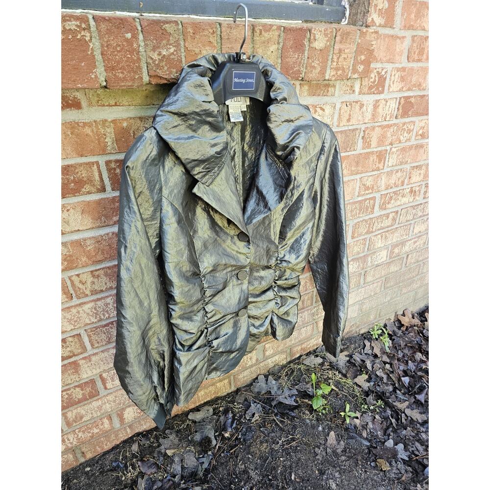 Vtg PULI Lightweight Metallic Blazer Jacket Size 10 Ruched Waist Shawl Collar